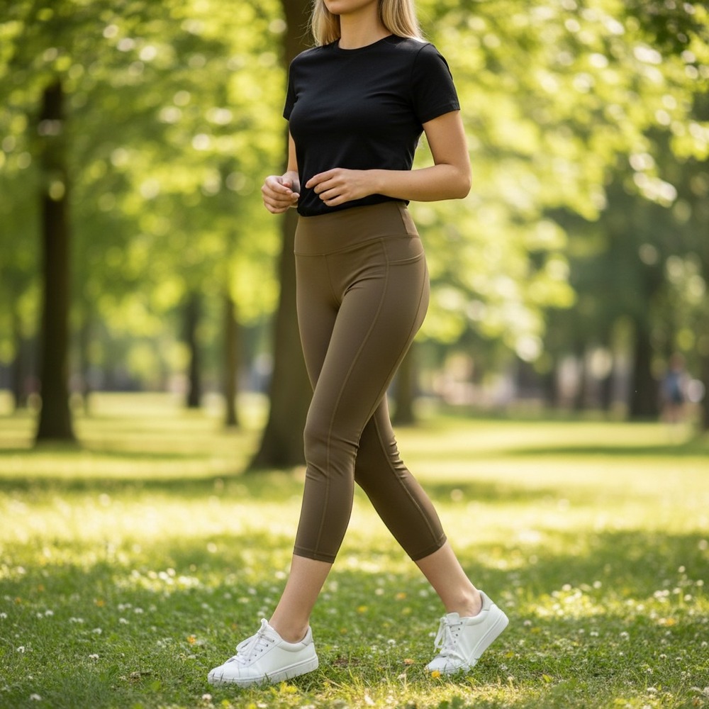 Fabletics PowerHold Leggings Brown Strappy Back High Rise Pockets 7/8 Crop